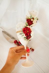 Ensemble de flûtes à champagne et de coupe-gâteau pour mariage, <span class=keywords><strong>bordeaux</strong></span> et ivoire, verres à champagne floraux, cadeau pour couple, fête de mariage, vente directe d'usine - Product Image 4