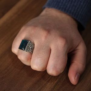 925 Sterling Silver Men's Handcrafted <b>Ring</b> with Green Pressed Amber Stone and Pen Design Turquoise Bezel Setting Everyday Wear - Product Image 1