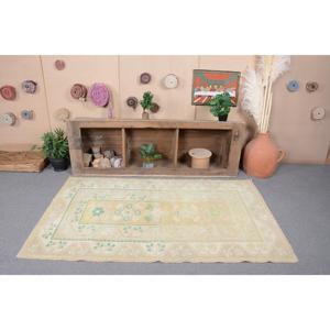 3.8x6.6 ft Vintage Rug, Turkish Area Rug, <b>Yellow</b> Green Striped Rug - Product Image 4