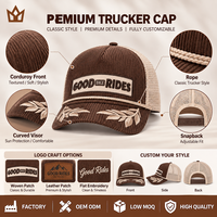 Casquette Trucker Personnalisée 5 Panneaux en Velours Côtelé avec Patch Tissé et Dos en Maille, Fermeture Snapback, Style Vintage, Vente en Gros, OEM, ODM, Marque Privée