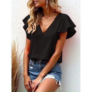 Blusa Sandy de manga corta con cuello en V para mujer, 36539 - Negro - Product Image 1