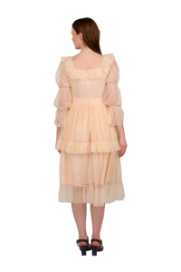 Luxury Designer Peach Midi <b>Dress</b> for Women Trending Party Wear Square Neck Puff Sleeve Layered <b>Ruffle</b> <b>Dress</b> Premium Look - Product Image 5