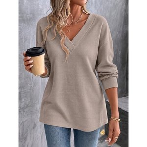 Chemise à manches longues en waffle à col en V pour femme, 38575 - Beige - Product Image 4