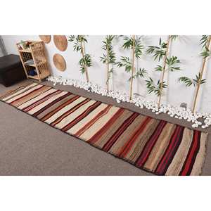 Tapis Ethnique Vintage Turc Beige Rouge Patchwork Design Grande Surface 2.7 X 11.3ft Rectangle Couloir 10mm Laine Viscose Latex pour Chambre - Product Image 1