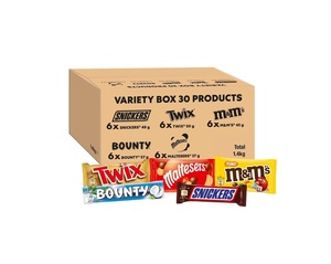 Mixed Bulk Chocolate Box, M&M's Peanuts, Snickers, Twix, Maltesers, Bounty, 1.4kg - 30 Full-Size- Milk Chocolate <b>Bars</b> & Bags - Product Image 1