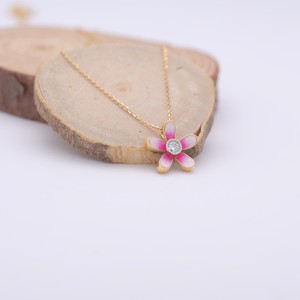 IGI Certified Lab Grown Diamond Floral Enamel Pendant in 14K Yellow / White & Rose Gold <b>Pink</b> Flower Pendant Cute Fashion Jewelry - Product Image 2
