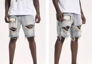 Pantalones cortos de mezclilla OEM Pantalones cortos de mezclilla, pantalones cortos de mezclilla con cordón de cintura desgastada de estilo callejero informal para hombres Pantalones cortos personalizados para hombres - Product Image 3