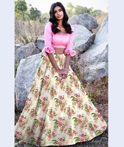 Trendy Women Wear Western Style Satin Lehenga Choli with Designer Crop Blouse Set Net Dupatta Pakistani Salwar Kameez Suit Saree