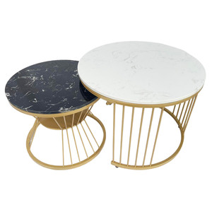 Mesa de Sofá Redonda Doble con Tapa de Piedra y Patas de Hierro Amarillo 60x60x45cm TT68165 - Product Image 1