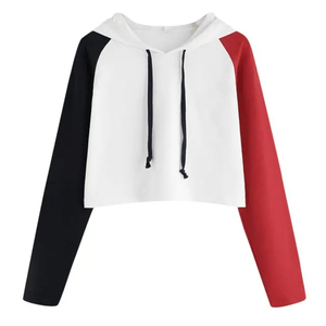 Women's Color Blocked Hooded <b>Crop</b> <b>Top</b> Full Sleeve Casual Knitted Sweatshirt Autumn White <b>Red</b> Black Long Sleeve - Product Image 6