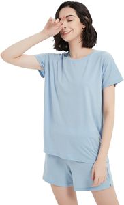 Merino <strong>Wool</strong> Pajamas Women's Short Sleeve Sleepwear Soft Pjs Set O Neck Loungewear - Product Image 3