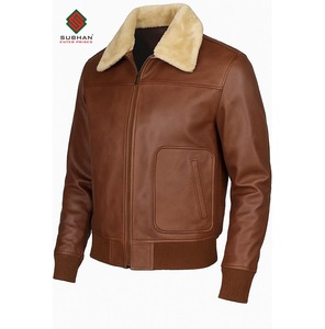 Men's Handmade Lambskin <b>Brown</b> Leather Bomber Jacket Vintage Biker with Quilted Fur Collar - Product Image 5