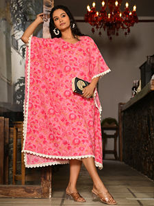 Women Blue 100% Cotton Woven Natural Waist Printed <b>Kaftan</b> Dress with Lace Border - Product Image 6