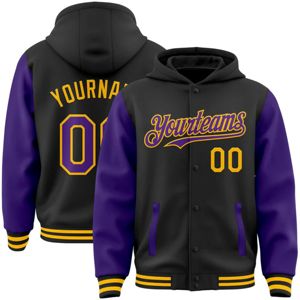 OEM de fabricación personalizada negro púrpura-oro bombardero Full-Snap Varsity Letterman chaqueta con capucha de dos tonos - Product Image 1