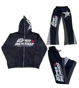 Chándal personalizado, chándal de lana gruesa, 100% de algodón, sudaderas con capucha de dos piezas y pantalones de chándal acampanados, conjunto de joggers apilados para hombre - Product Image 2