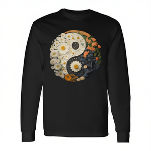 T-shirt a maniche lunghe con simbolo floreale Taoismo Yin Yang, iconografia Taijitu, articolo promozionale con iconografia Yin Yang e fiori - Product Image 2
