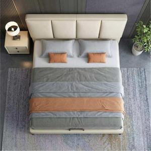 Lit plateforme moderne contemporain à bordure affleurante avec garniture contrastante et empiècements en cuir, cadre de lit King Size, mobilier de chambre silencieux - Product Image 2