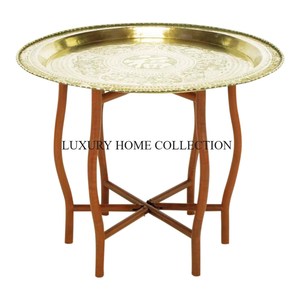 Plateau martelé en acier inoxydable poli avec miroir et bois naturel Table basse marocaine d'appoint Grande table de meubles vintage pour café - Product Image 5