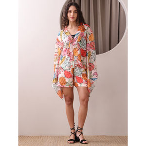 Robe trapèze à imprimé abstrait pour femme en tissu Georgette avec col licou, détails à nouer, tenue de soirée élégante au-dessus du genou - Product Image 1