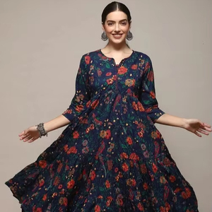 Vestido de Verano Hecho a Mano con Estampado de Bloques de Algodón Indio, Estilo Bohemio Natural, Atuendo para Invitadas de Boda, Vestido Midi Informal para Novia con Cintura Natural - Product Image 1