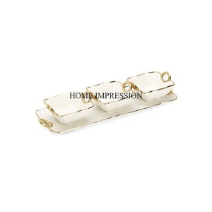 Juego de 3 cuencos de servicio de metal resistente con acabado de esmalte de color blanco de diseñador clásico con asas doradas y bandeja - Product Image 1