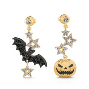Jeulia Halloween Fun Bat & Pumpkin Sterling Silver Asymmetrical <b>Dangle</b> <b>Earrings</b> - Product Image 1