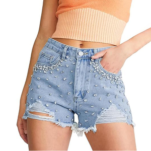 Shorts en jean déchiré à strass tissés, taille haute, avec franges et poches, pour femme, style décontracté, streetwear d'été - Product Image 1
