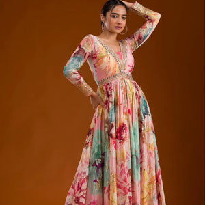 Diseñador Digital Print Aliya corte Anarkali vestido de noche con Dupatta, vestido largo cosido completo tarifa barata - Product Image 1