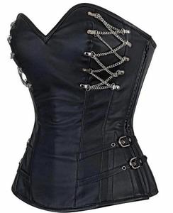 OEM & ODM Satin Gothic Waist Trainer Steel Boned <b>Shapers</b> <b>Corset</b> Front Busk Zipper 8 Panel Modesty Panels Chains Eyelet Laces - Product Image 1