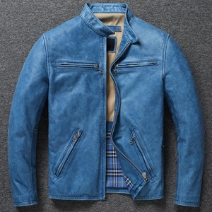 Chaqueta de moto azul Retro Para Hombre con cremallera abrigo ajustado de piel de vaca suave con relleno de poliéster nueva condición - Product Image 2