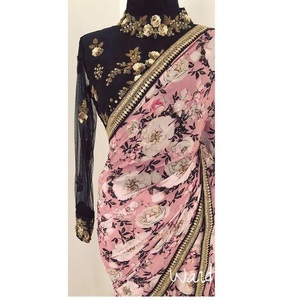 Indiase Dames Roze Georgette <span class=keywords><strong>Saree</strong></span> Digitaal Geprinte Sequentie Borduurwerk Kanten Nethoes Feestkleding Bruiloften Speciale Gelegenheden - Product Image 6