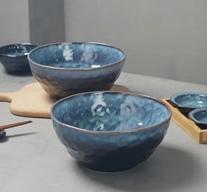 High Quality Eco-Friendly Ceramic <b>Bowl</b> for <b>Soup</b> and Noodles Rough Pottery Matte Relief Style Trumpet Design for Home Use - Product Image 5