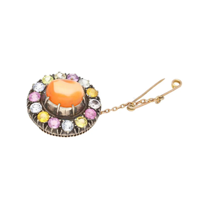 Pin de ópalo naranja natural con detalles de zafiro multicolor en oro y plata Pin de ópalo cabujón para mujer - Product Image 4