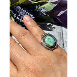 Royston Turquoise & <b>Sterling</b> <b>Silver</b> Handmade <b>Ring</b> Bezel <b>Set</b> Geometric Pattern Size 6 - Product Image 2