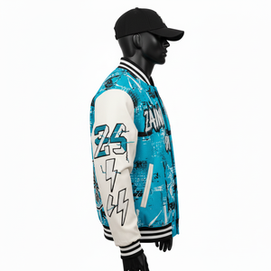 Premium 400GSM wool blend varsity <b>jacket</b> with PU leather sleeves blue and <b>white</b> panels custom embroidery Varsity <b>Jacket</b> for Men - Product Image 4