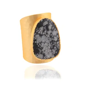 Unique design beautiful egg shape snowflake obsidian gold plated big band adjustable ring matte finish dull gold plated ring