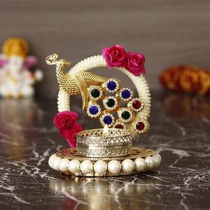 Porte-bougie chauffe-plat en métal motif paon floral pour Diwali, Navratri, Ganesh Chaturthi, décoration intérieure - Product Image 2