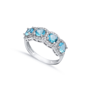 Aquamarine <b>CZ</b> Five Stone Rhodium Plated 925 Sterling Silver Wedding & Party Turkish Handmade Cluster <b>Ring</b> for Women - Product Image 1