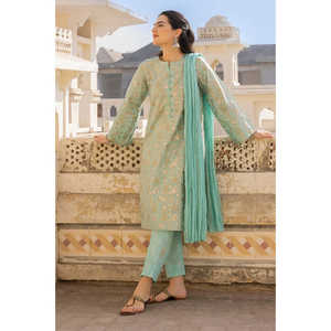 Ensemble de costume 3 pièces en tissu cambric vert imprimé pour femmes - Product Image 1