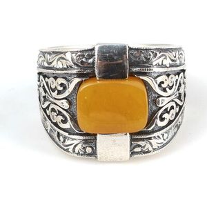 925 Sterling <b>Silver</b> Rectangular Men's Ring with Radiant Cut Amber Stone and <b>Pen</b> Design Bezel Setting Inlay Everyday Wear - Product Image 4