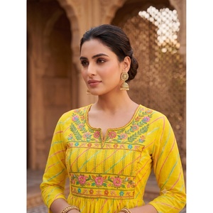 Kurta Anarkali Amarilla para Mujer, con Estampado Digital y Bordado, en Algodón Georgette, Estilo Bollywood, Tradicional Indio, Informal - Product Image 2