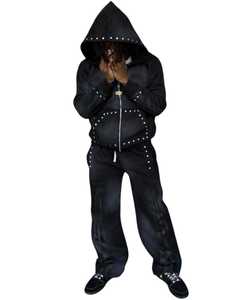 Custom Acid Washing Distressed <b>Applique</b> Embroidery Zip up Tracksuit Two Pieces Sweatsuits Heavyweight Hoodie Sweatpants Sets - Product Image 1