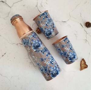 Bouteille d'eau en cuivre avec verre, fabriquée à la main, originale, dernière conception avec émail imprimé, ensemble de 2 - Product Image 2