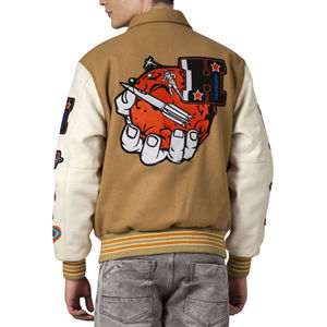 Blouson universitaire graphique pour homme, corps en laine, manches en cuir, col rond, patchwork chenille, broderie, style Letterman, vintage - Product Image 2