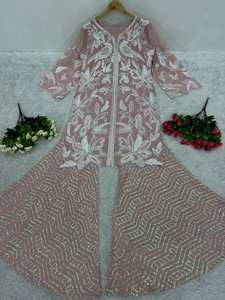 Tela de Georgette Sintética con Lentejuelas, Diseño Tradicional Palazzo Chine en Rosa Claro, para Vestidos de Fiesta de Mujeres Indias y Pakistaníes - Product Image 3