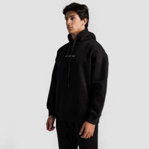 Sudadera con Capucha Negra de un Solo Uso, 100% Algodón, Tejido French Terry, Impresión Serigráfica, Bordado 3D, Lavado Enzimático y Ácido con Tinte - Product Image 3