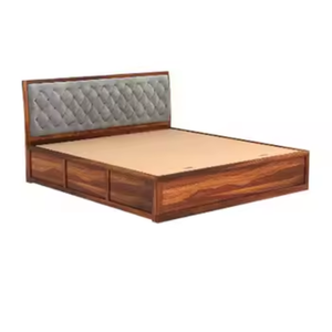 Lit en teck avec tête de lit rembourrée en tissu - Product Image 1