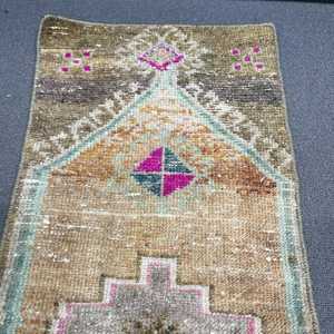 Turkish Vintage Small Rug 1.1x2.7 ft, <b>Brown</b> Pink Floral <b>Wool</b> Rug - Product Image 4