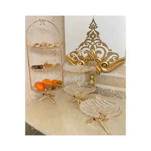 Ensemble de présentation alimentaire en verre à trois couches en laiton doré avec 3 plateaux de service en verre à deux couches et simples fabriqués en Turquie - Product Image 2
