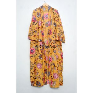 Pijama de mujer con estampado floral, kimono de dama de honor, traje de noche, túnica india, batas estampadas orgánicas 100% algodón con cuello en V frontal - Product Image 1